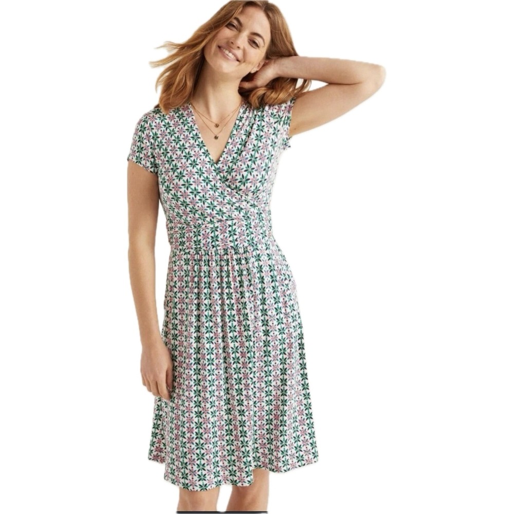 Boden Lola Jersey Dress In Ivory Plumeria US‎ 16-18-L Short Sleeve Cottagecore